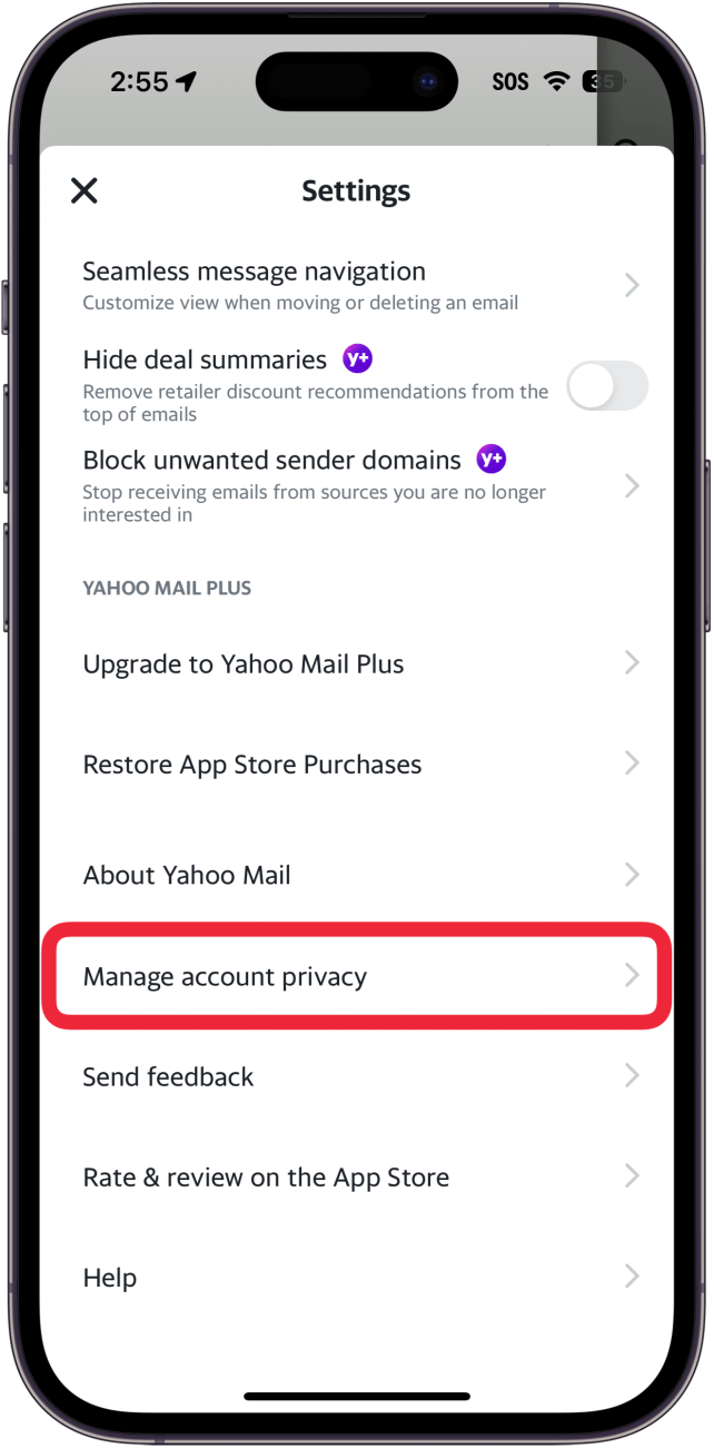 iphone yahoo mail app settings with a red box around manage account privacy