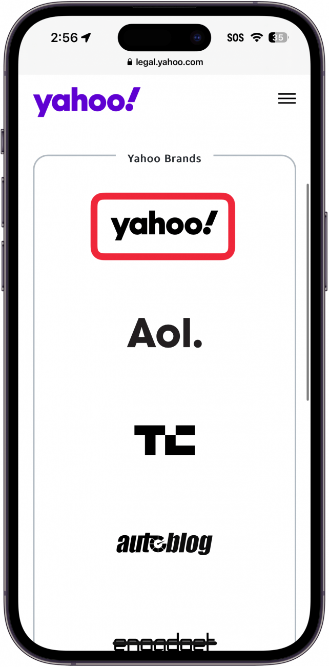 iphone yahoo mail app privacy setttings with a red box around yahoo logo