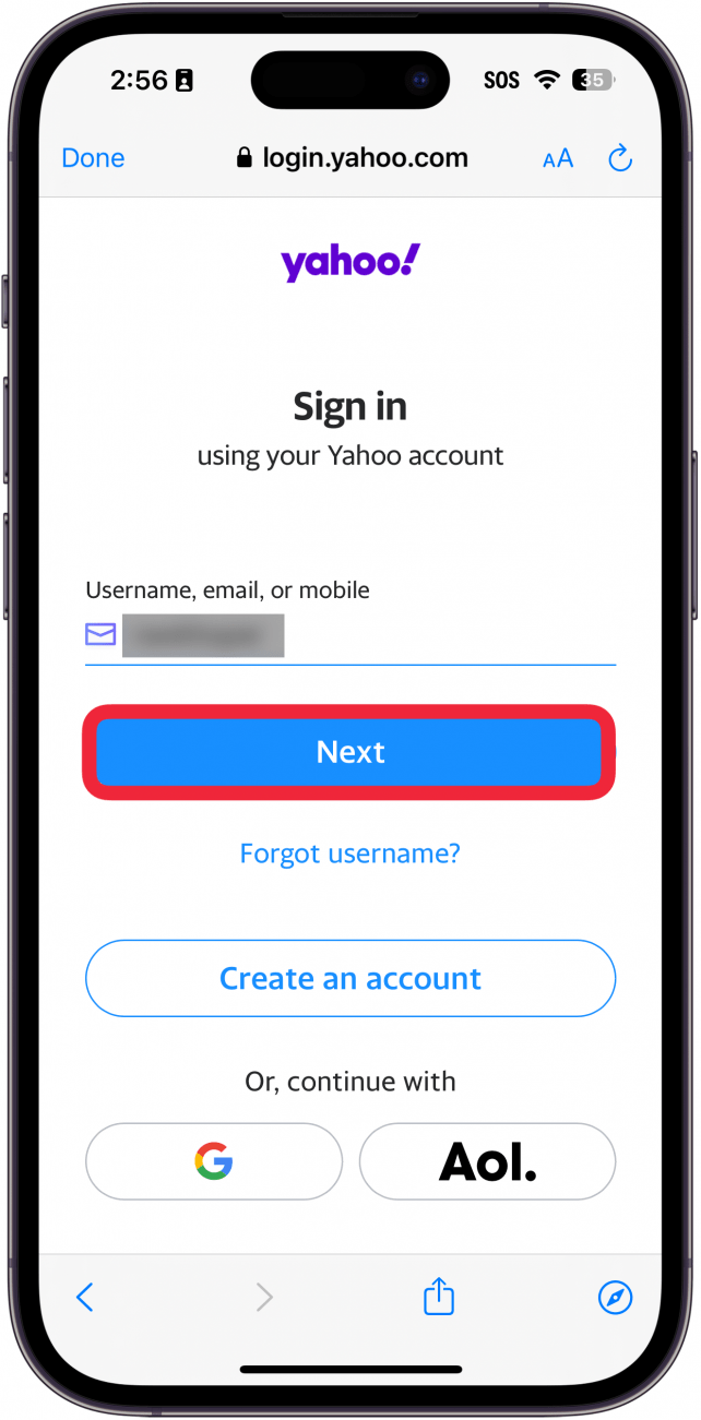 iphone yahoo mail app privacy setttings displaying a login prompt, with a red box around next button