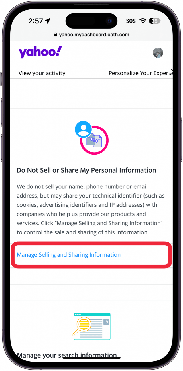 iphone yahoo mail app privacy setttings with a red box around Manage Selling and Sharing Information button