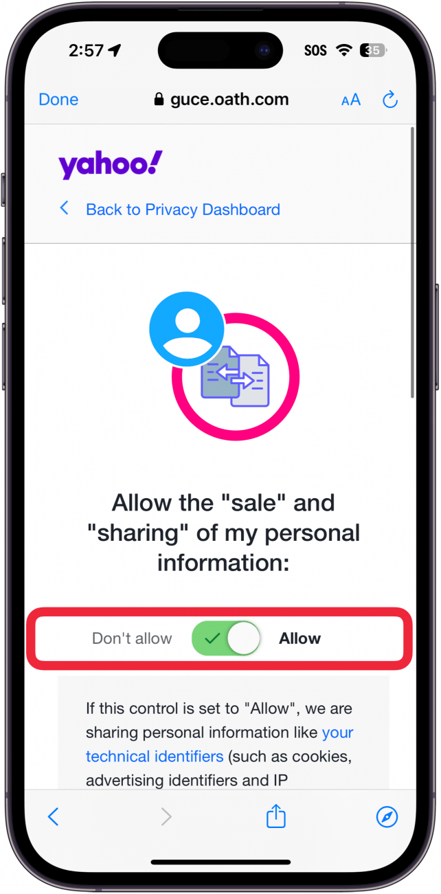 iphone yahoo mail app Manage Selling and Sharing Information settings with a red box around a green toggle which allows the sale of the user's personal information