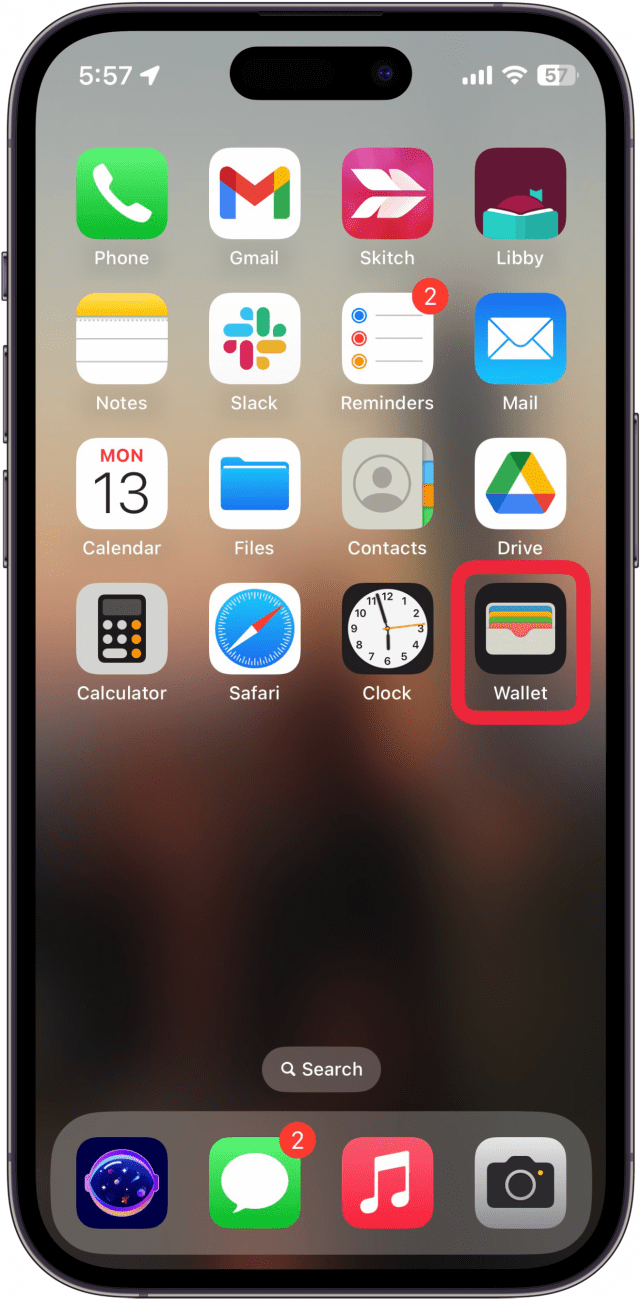 iphone home screen with a red box around wallet app