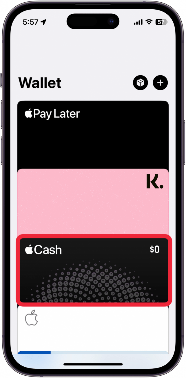 iphone wallet app with a red box around apple cash card