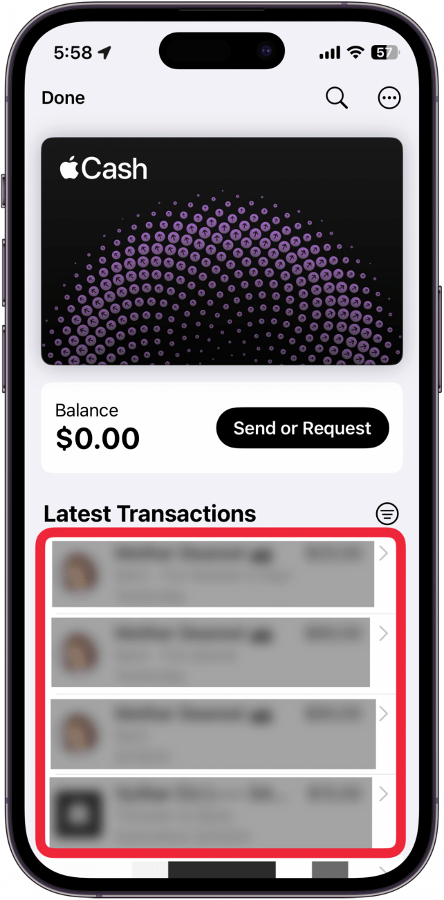 iphone wallet app displaying apple cash card with a red box around the latest transactions