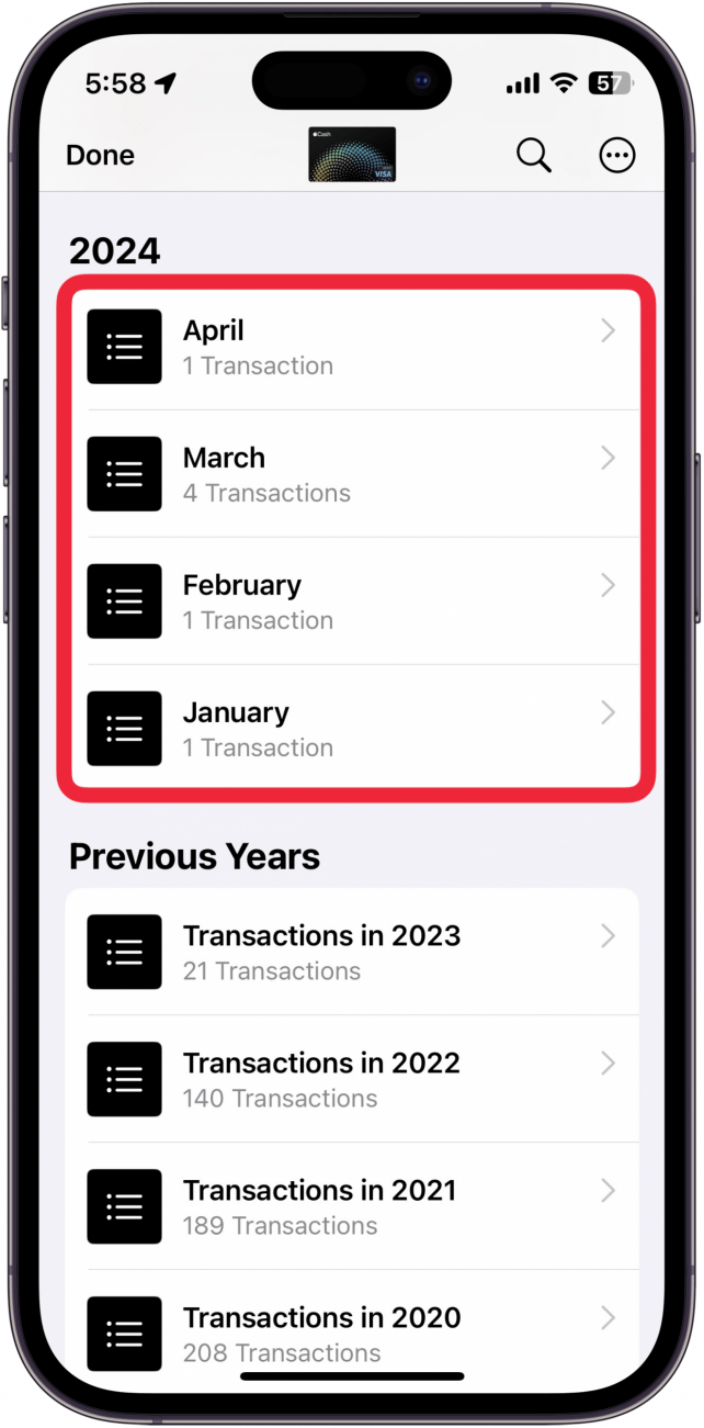 iphone wallet app transaction history with a red box around transactions from 2024