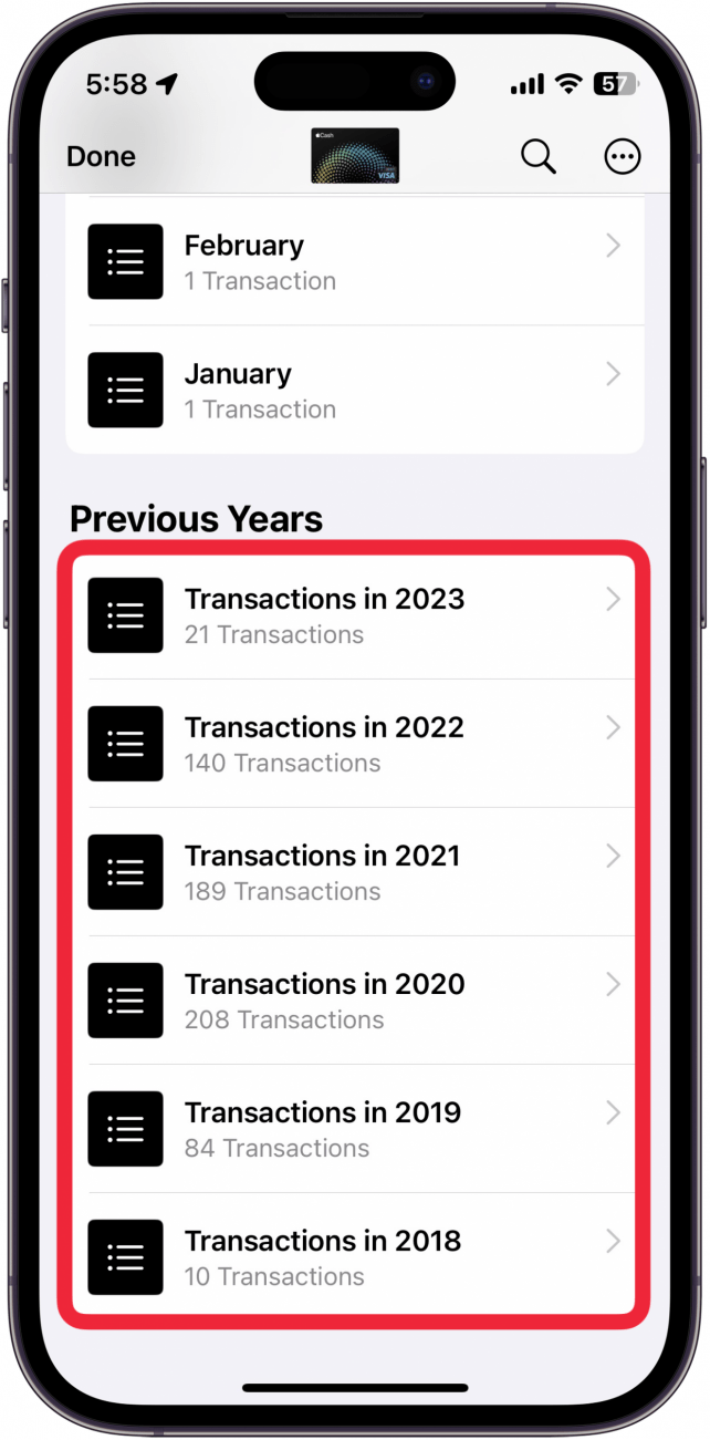 iphone wallet app transaction history with a red box around previous years' transactions