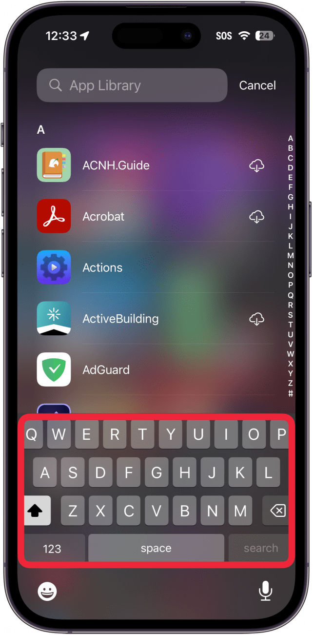 iphone app library search screen with a red box around keyboard, indicating to type in the name of an app