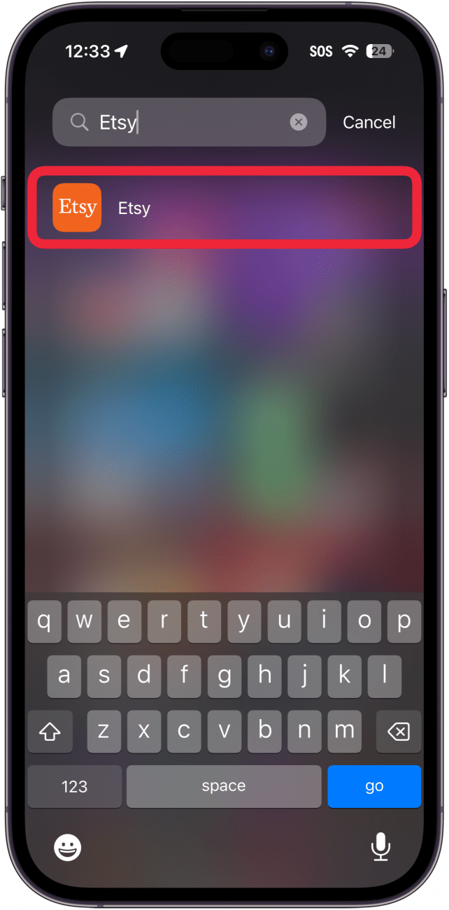 iphone app library search screen displaying a search result, with a red box around etsy app