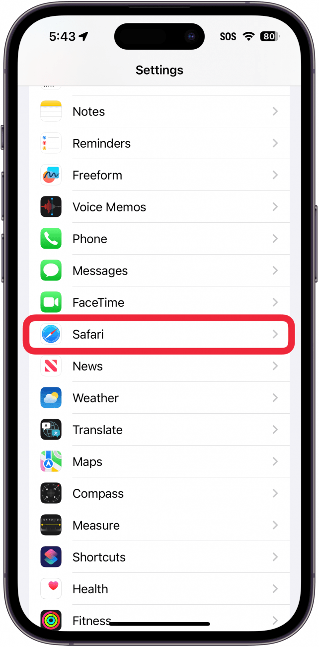 iphone settings with a red box around safari