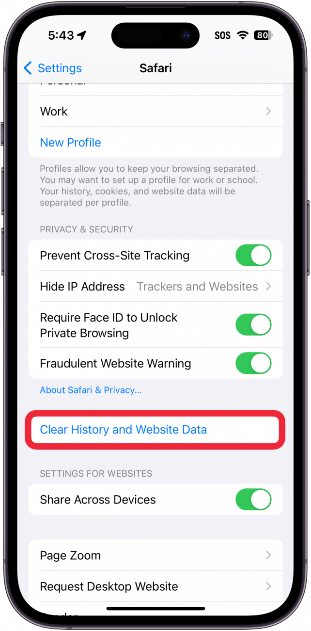 iphone safari settings with a red box around clear history and website data button