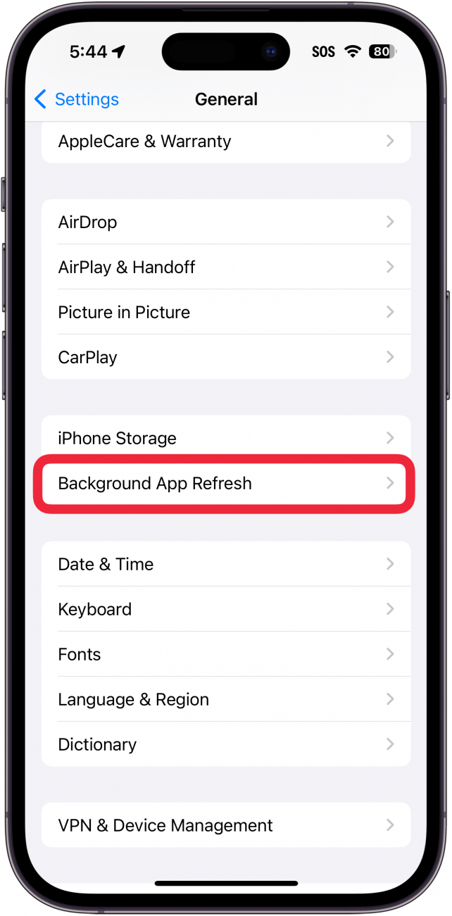 iphone general settings with a red box around background app refresh