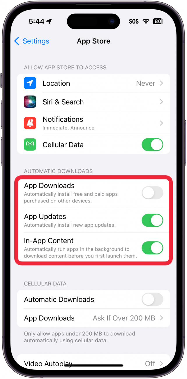 iphone app store settings with a red box around toggles for app downloads, app updates, in-app content