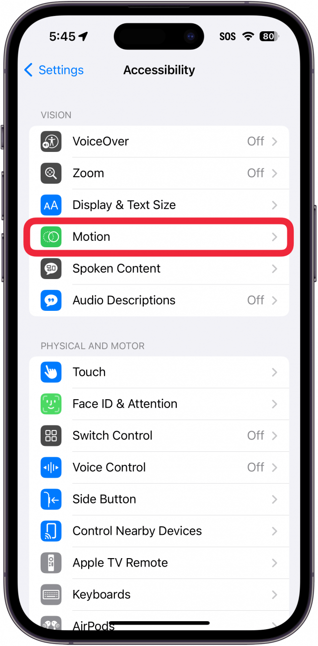 iphone accessibility settings with a red box around motion