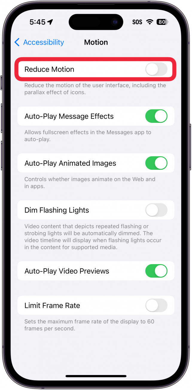 iphone motion accessibility settings with a red box around reduce motion toggle