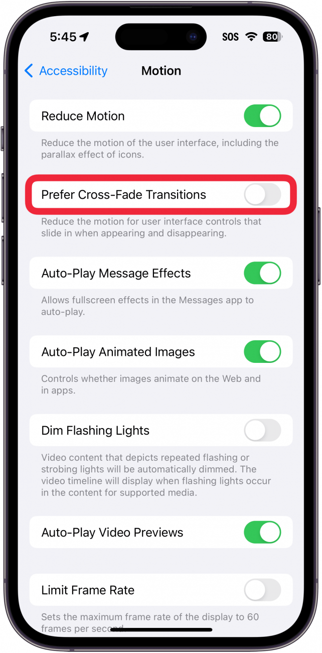 iphone motion accessibility settings with a red box around prefer cross-fade transitions toggle