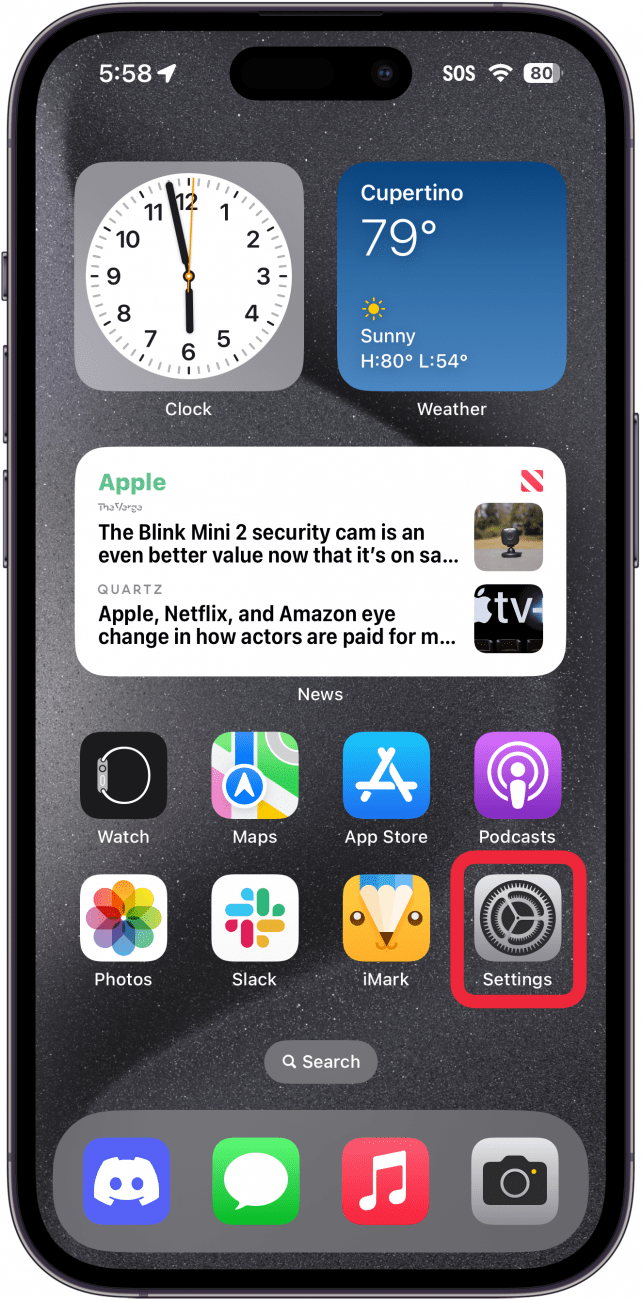 iphone home screen with a red box around settings app