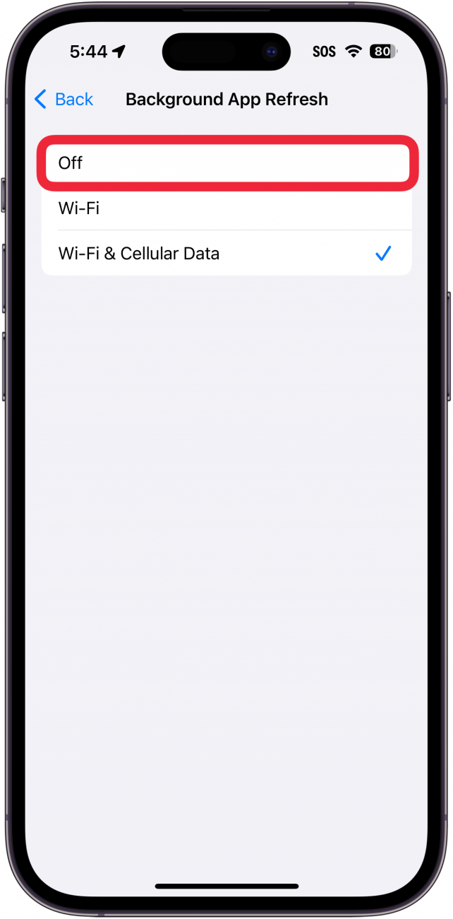 iphone background app refresh settings with a red box around off option