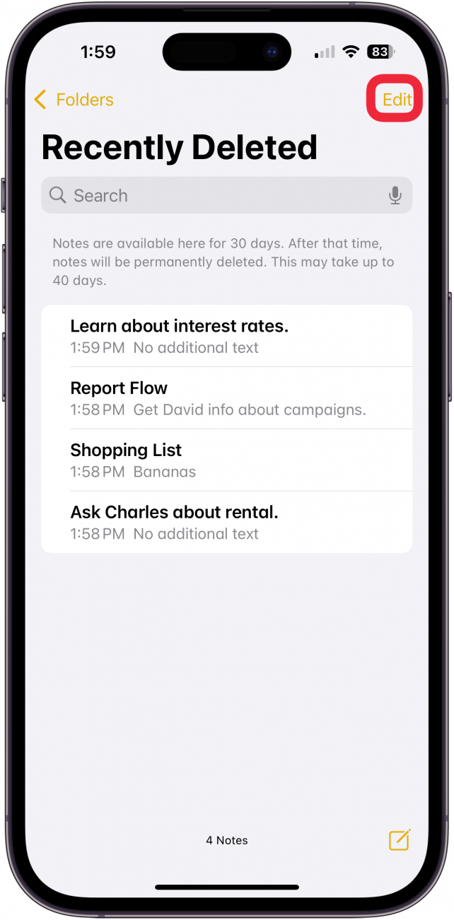 Tap Edit to recover missing notes.