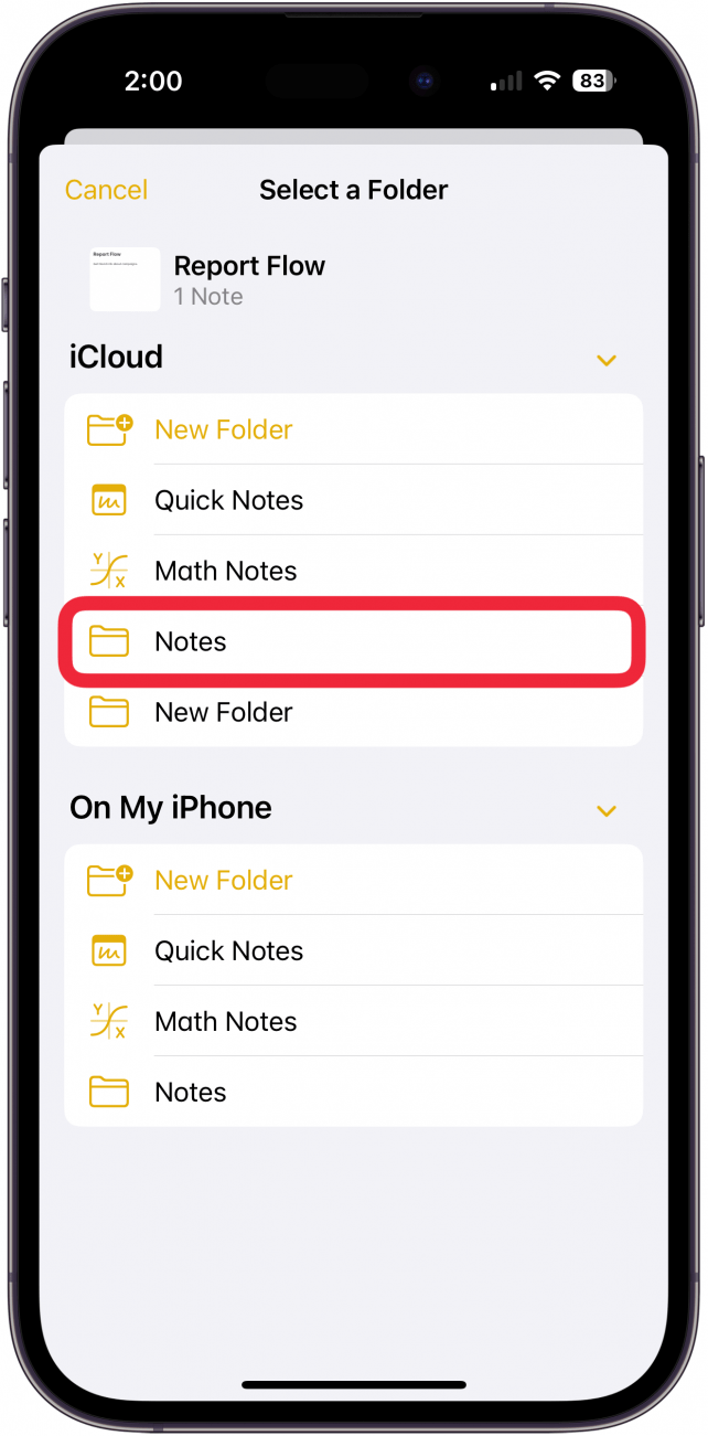 Tap the folder to move the note to.