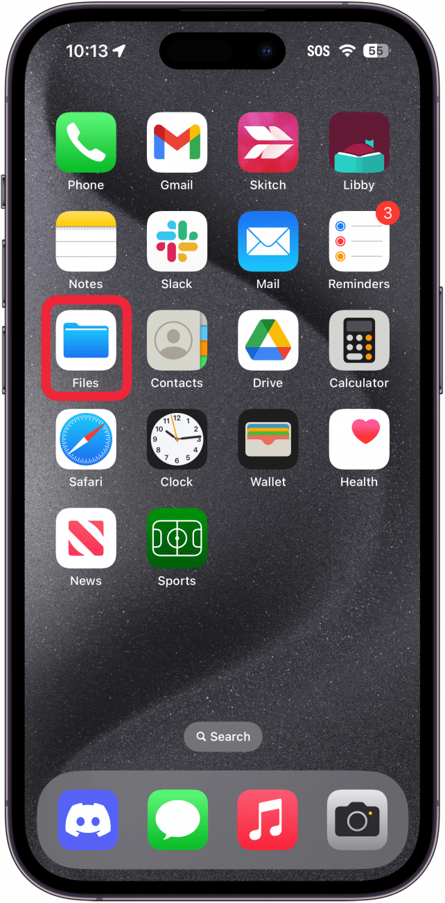 iphone home screen with a red box around files app