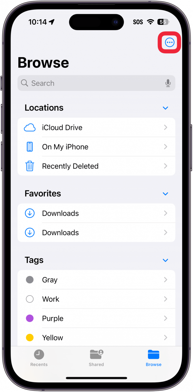 iphone files app with a red box around three dot menu button