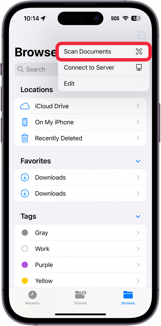 iphone files app displaying a menu with a red box around scan documents button
