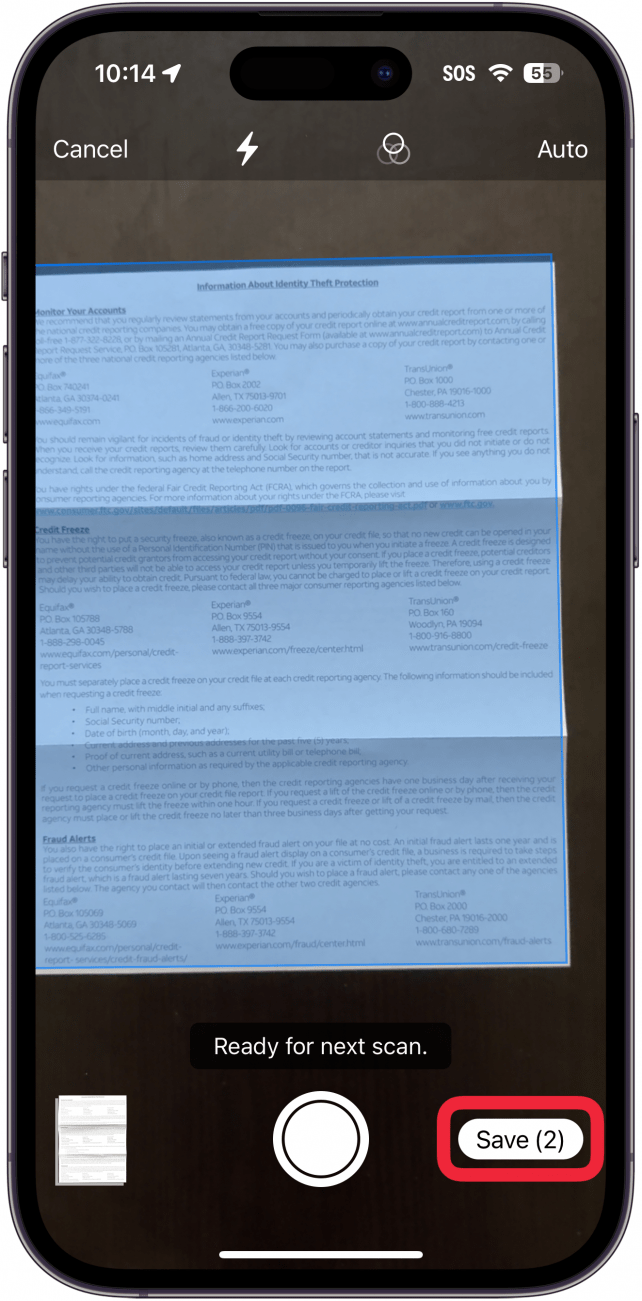 iphone files app scan documents screen with a blue overlay on the document, indicating that the camera has detected a document to scan, with a red box around the save button