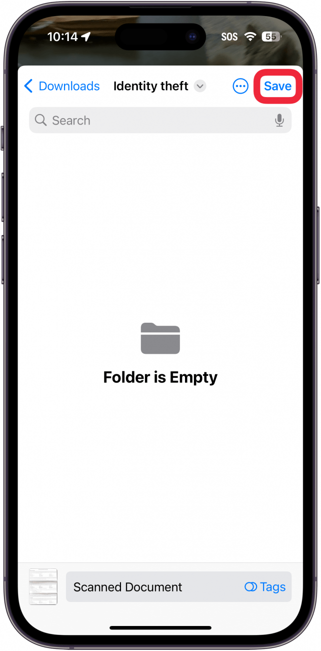 iphone files app scan documents screen displaying a folder, prompting the user to select where to save the file, with a red box around the save button