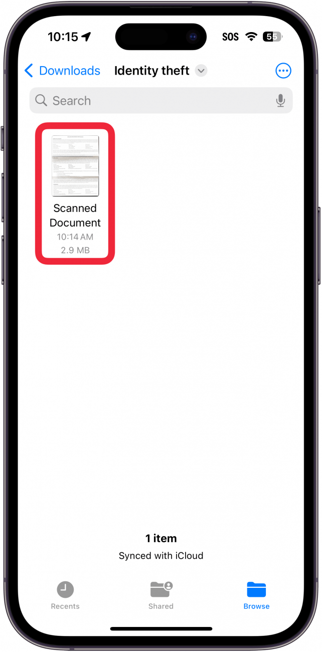 iphone files app displaying a folder with a red box around the newly scanned document