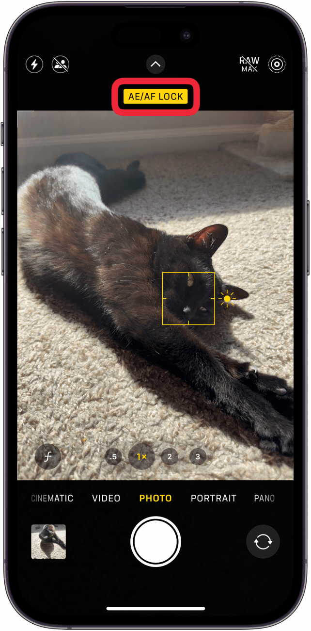 iphone camera app with a red box around ae/af lock icon