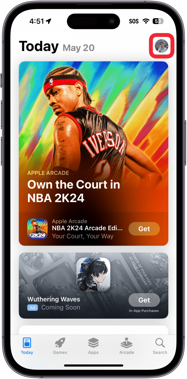 iphone app store with a red box around profile icon in the top right corner