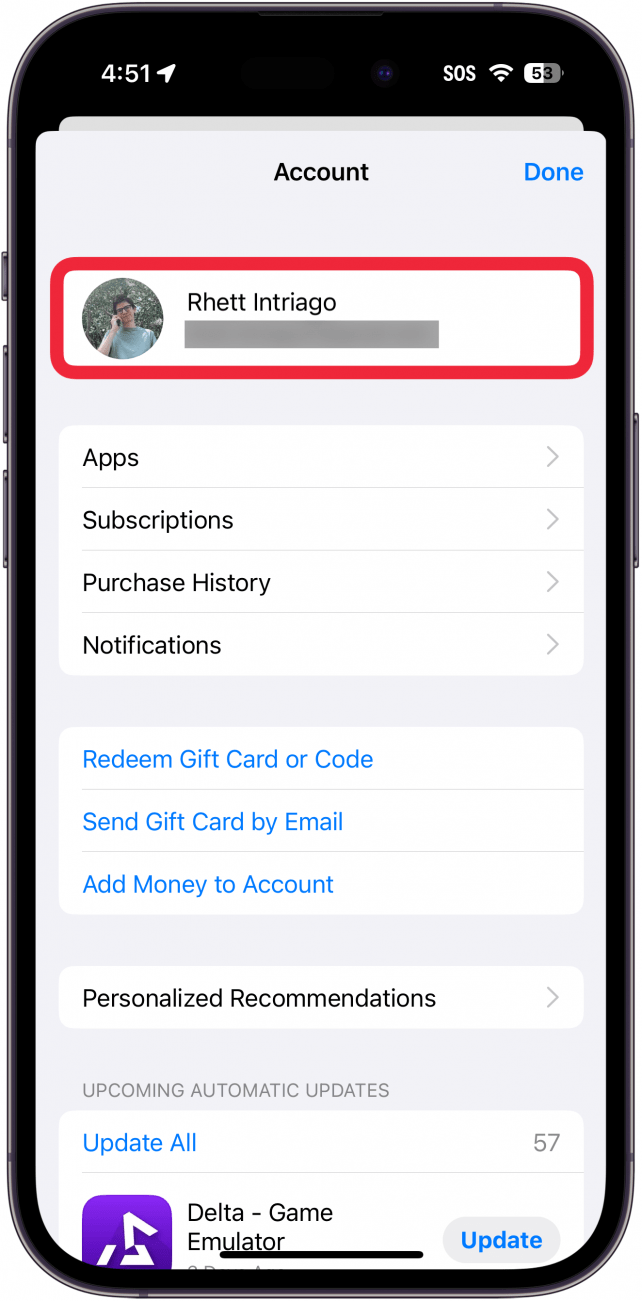 iphone app store profile settings with a red box around apple id