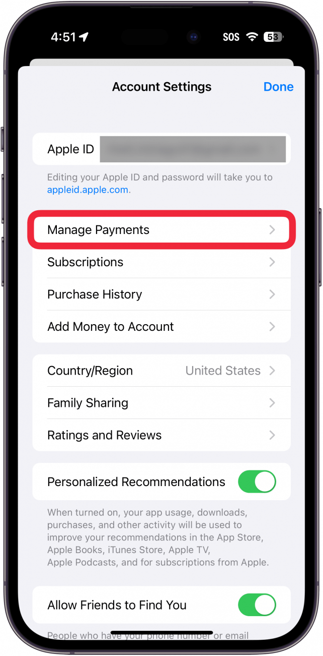 iphone app store apple id settings with a red box around manage payments