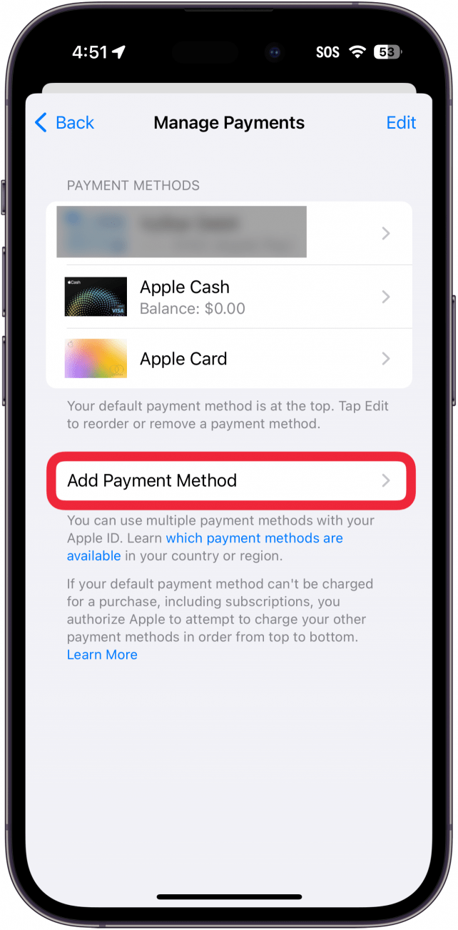 iphone app store payment settings with a red box around add payment method button