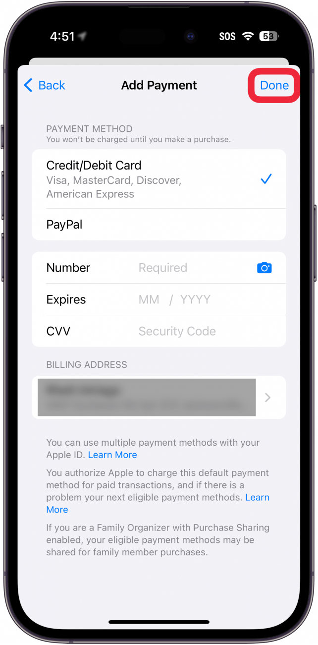 iphone app store payment settings add payment method screen with a red box around done button