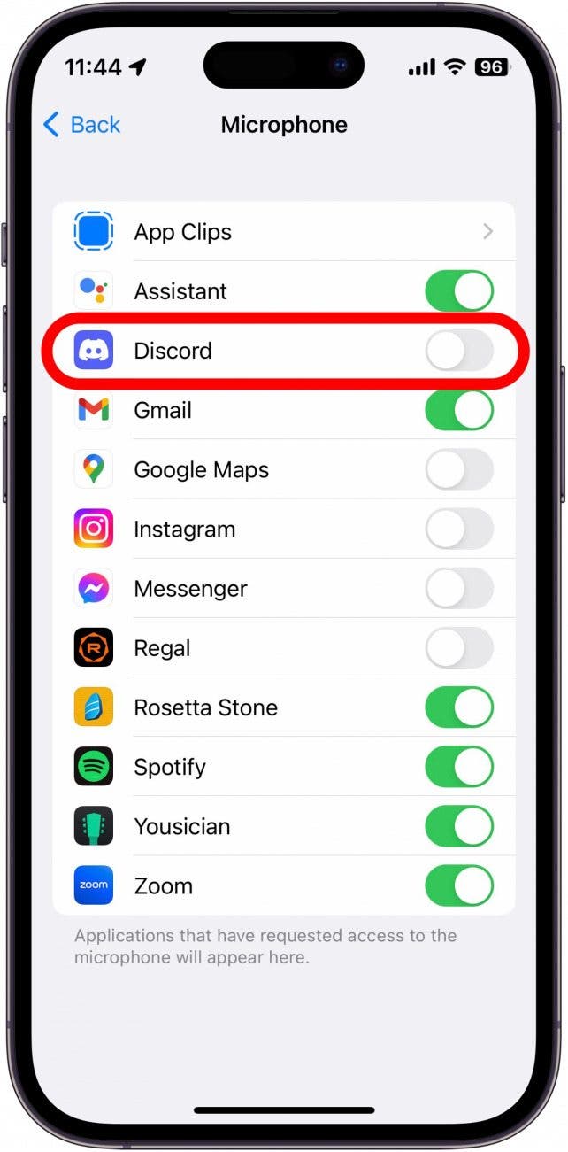 Find the app that needs microphone access and tap the toggle next to it. When the toggle is green, that app has microphone access.