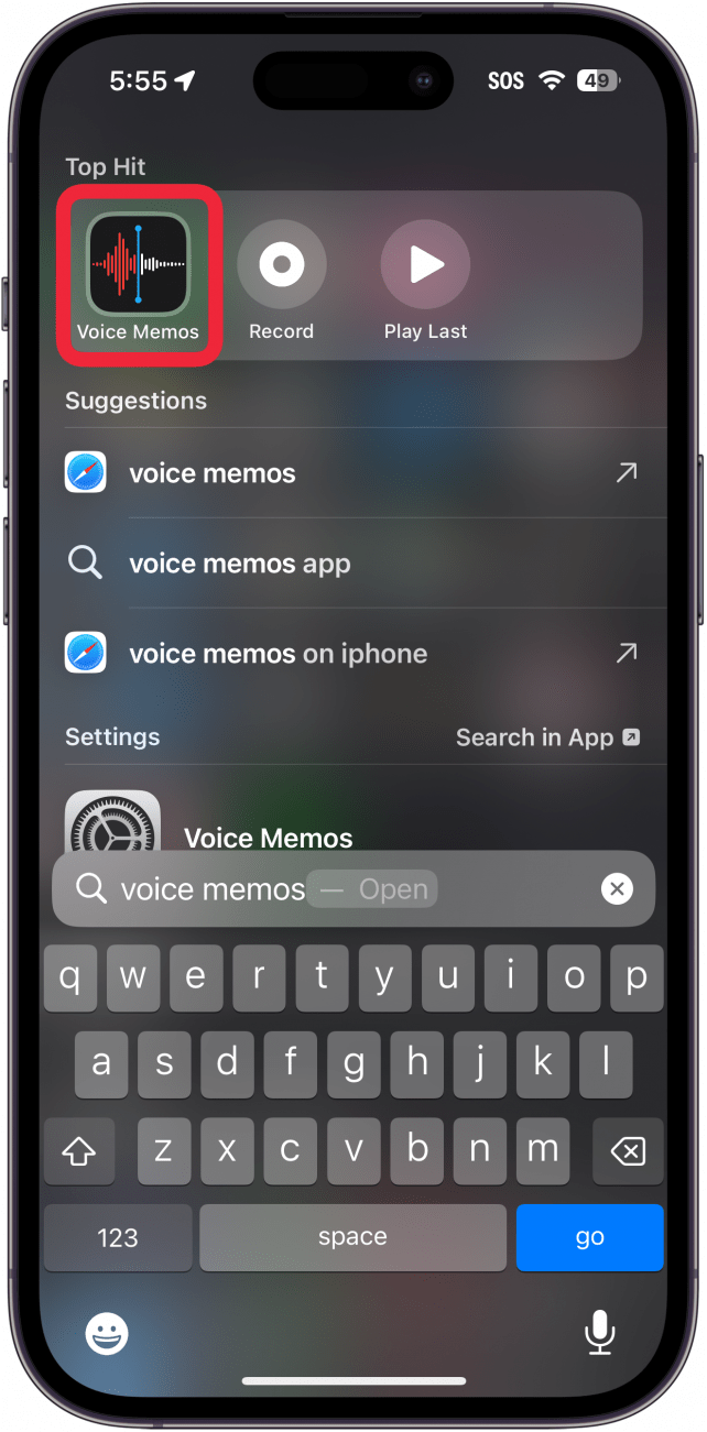 iphone spotlight search with a red box around voice memos app