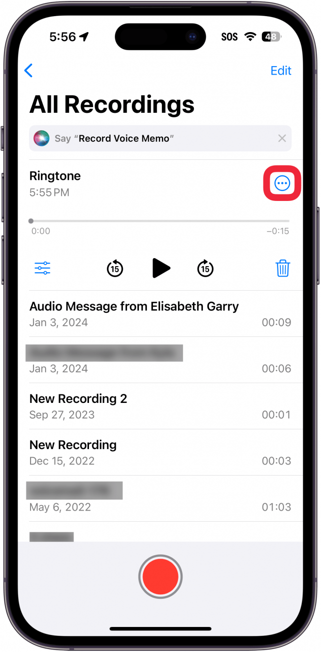 iphone voice memos app with a red box around three dot menu button