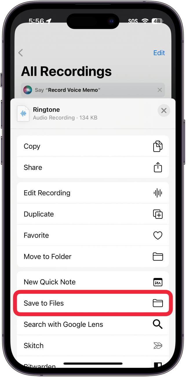 iphone voice memos app displaying share sheet with a red box around save to files app