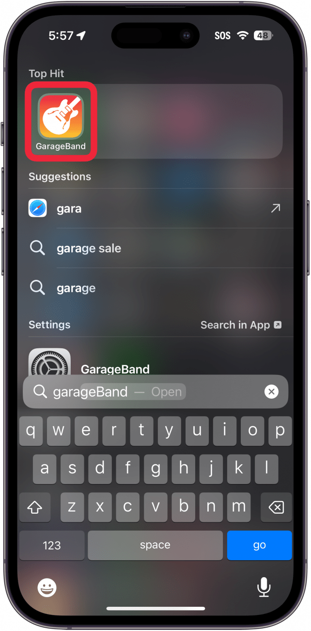 iphone spotlight search with a red box around garageband app