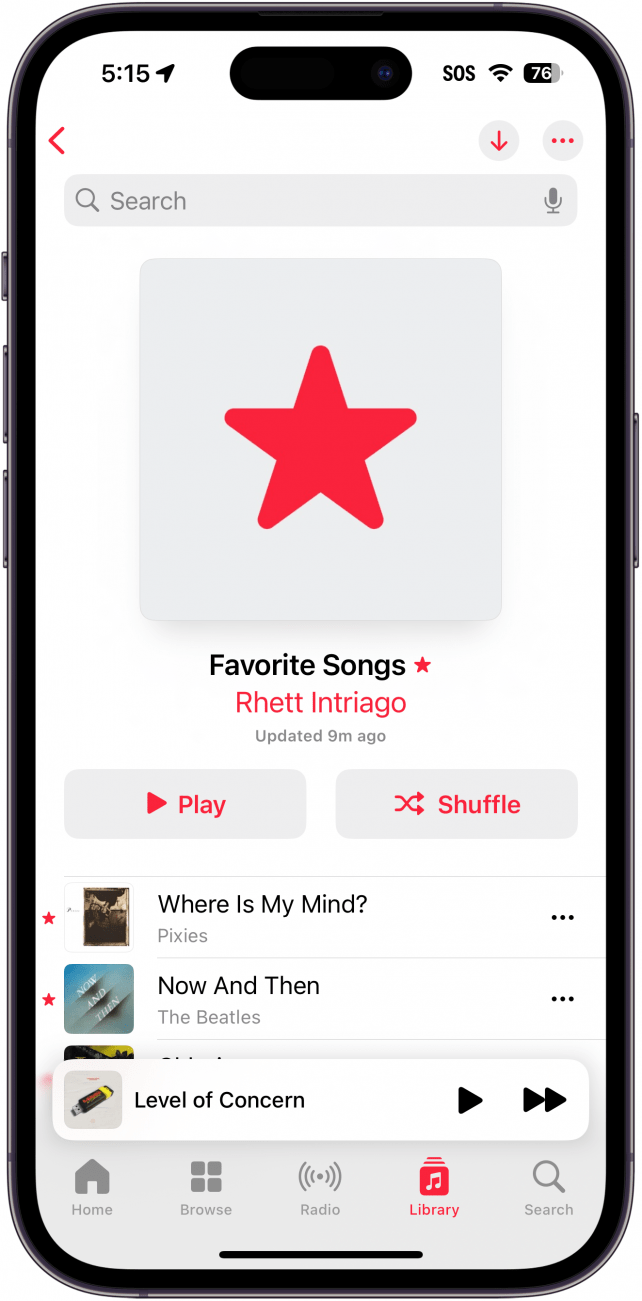 iphone apple music favorite songs playlist displaying a list of songs the user has favorited