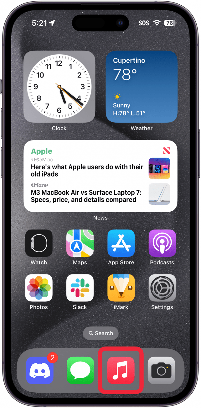iphone home screen with music app circled in red