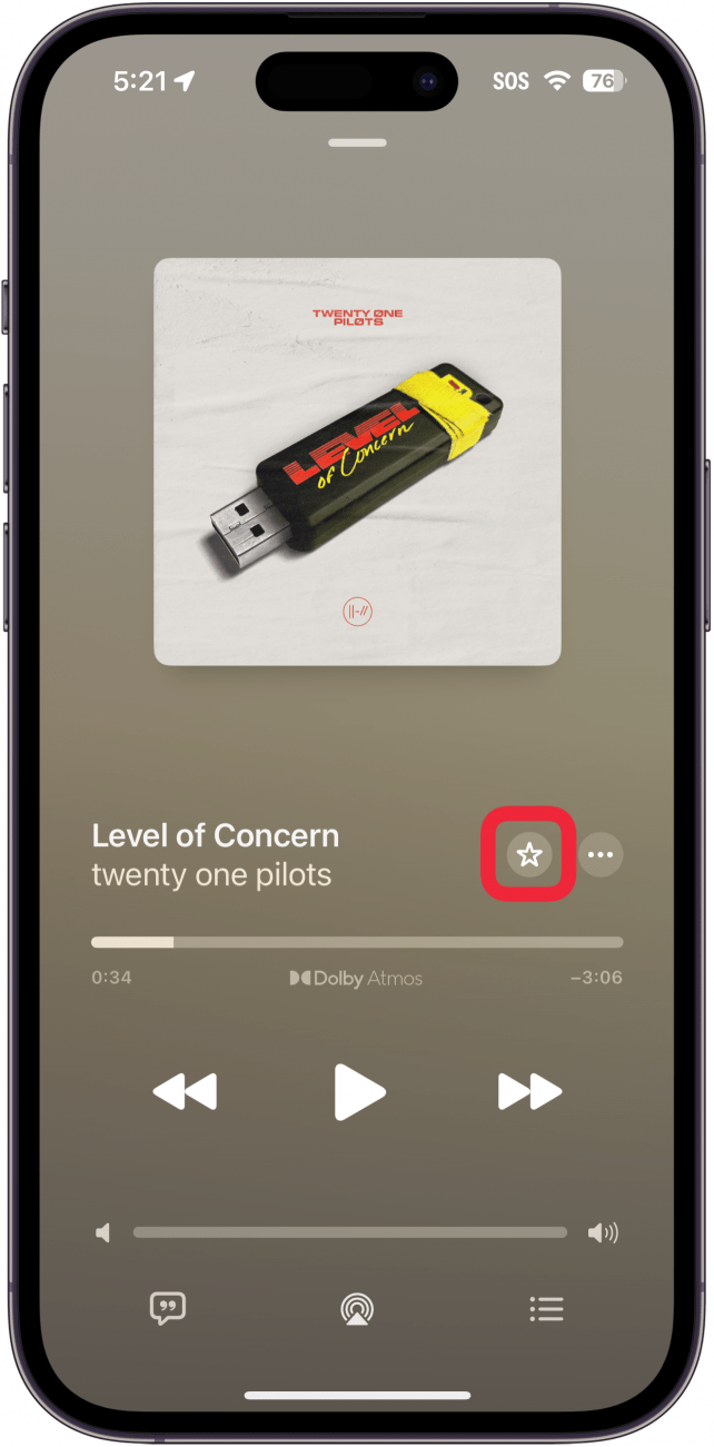 apple music now playing screen with a red circle around the star icon