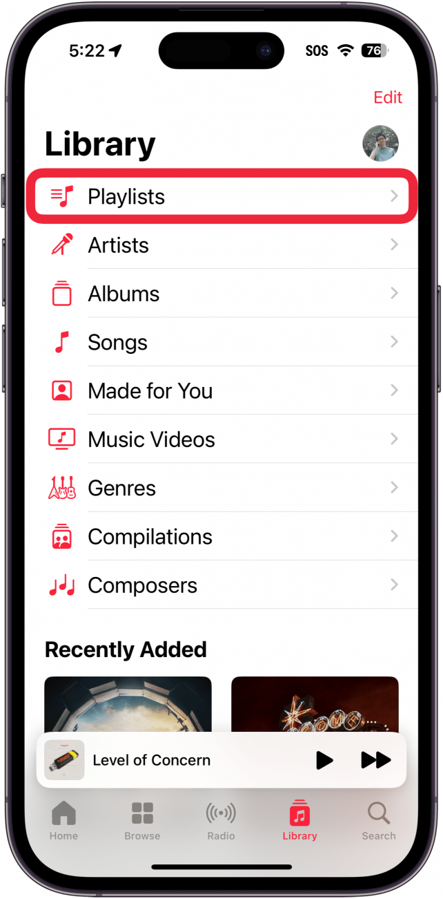 apple music library with playlists button circled in red