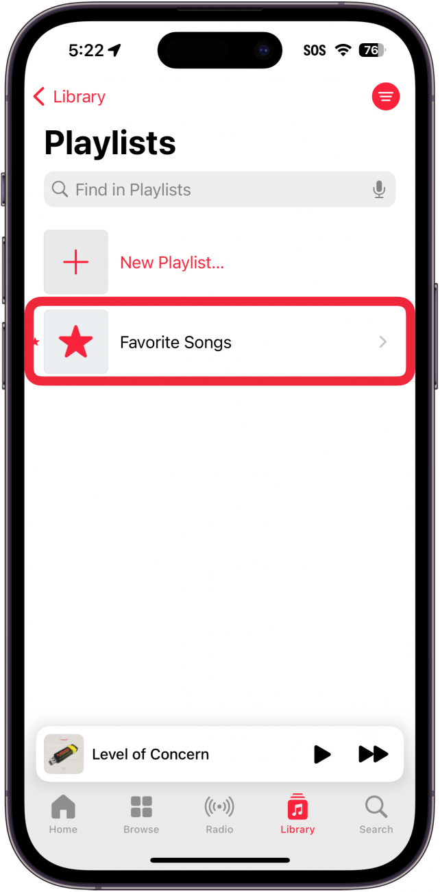 apple music playlists screen with a red box around favorite songs