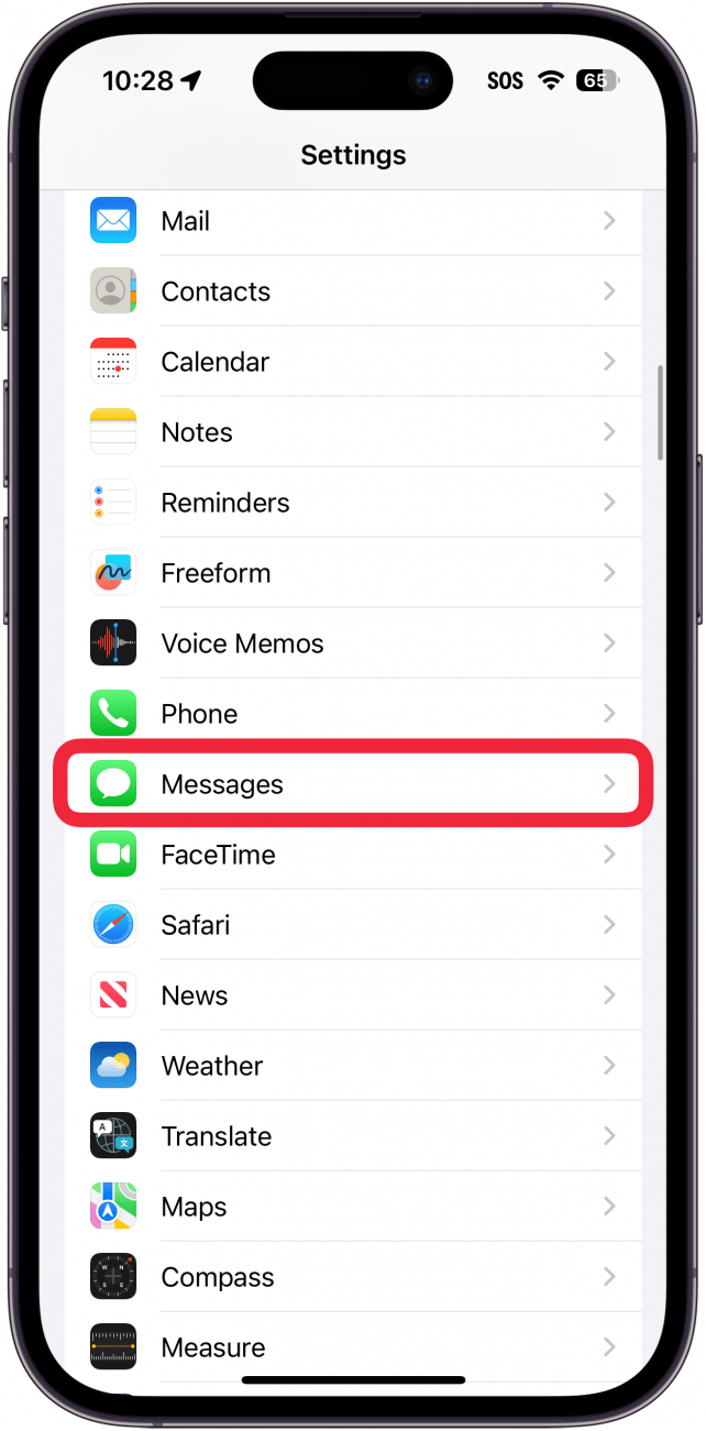 iphone settings with a red box around messages