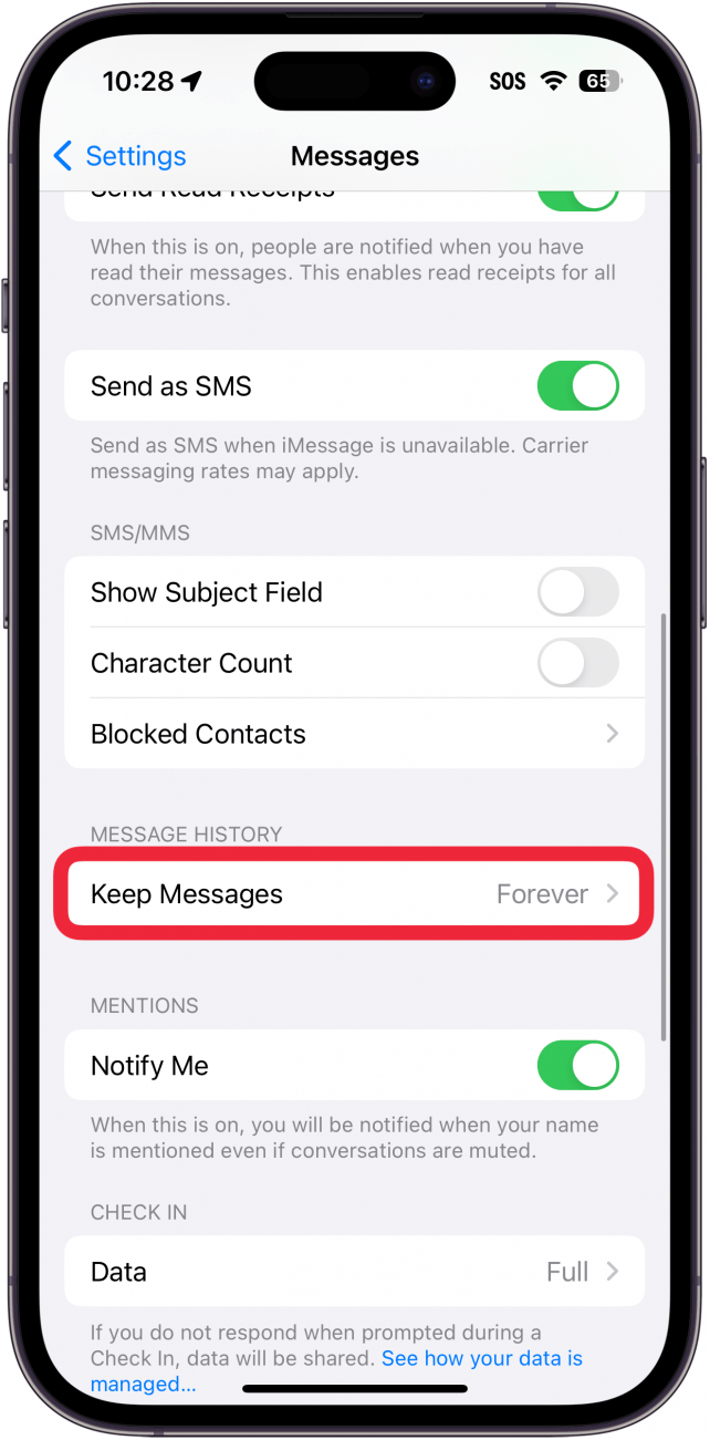 iphone messages settings with a red box around keep messages setting