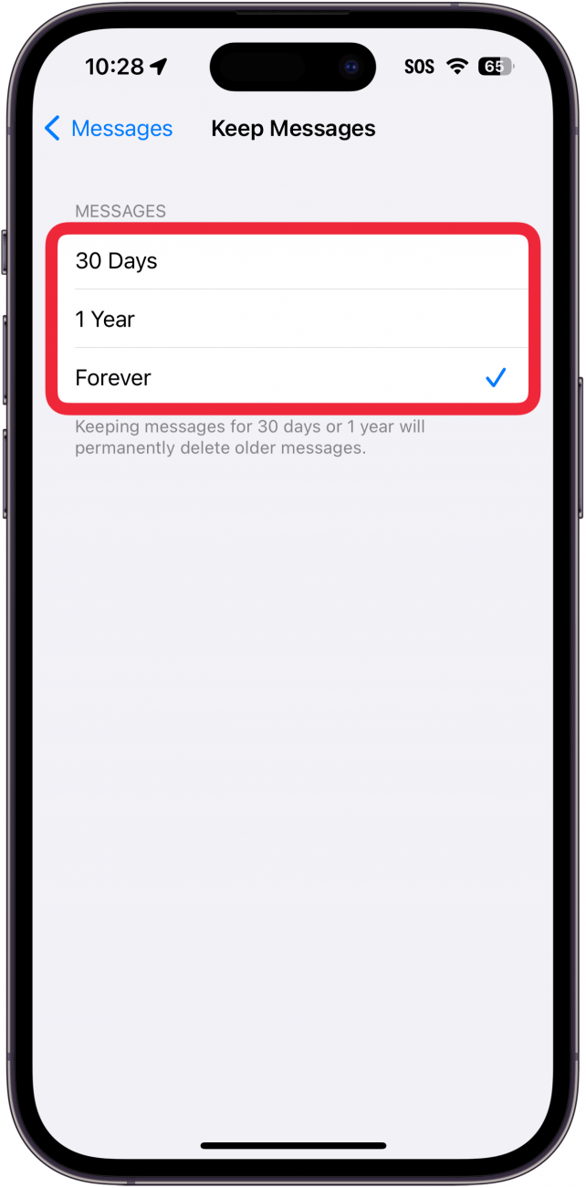 iphone keep messages settings with a red box around options for 30 days, 1 year, or forever