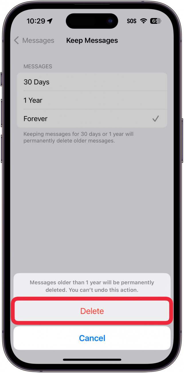 iphone keep messages settings displaying a warning that all older texts will be permanently deleted with a red box around the delete button