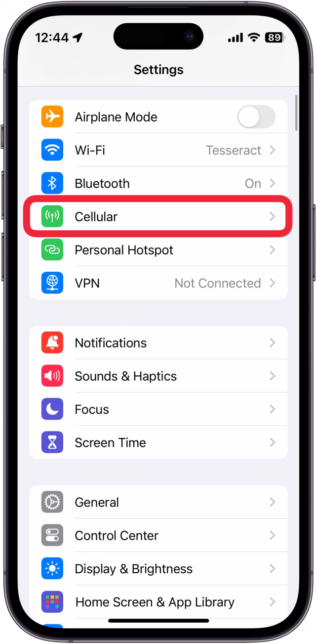 iphone settings with a red box around cellular